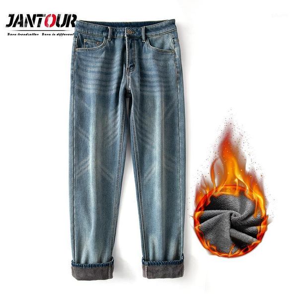 

winter new men's warm loose straight jeans business fashion thicken denim trousers fleece stretch brand pants big size 28-35 401, Blue
