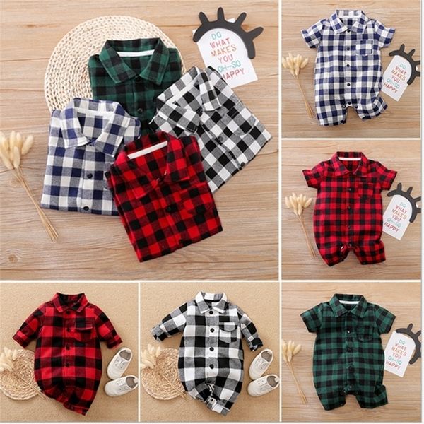 

spring autumn baby boys girls plaid rompers turn-down collar toddler long sleeve jumpsuits infant onesies kids button overalls cloth g20106, Blue
