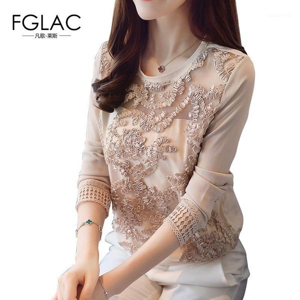 

women's blouses & shirts fglac women clothing 2021 autumn long sleeved lace elegant slim hollow out chiffon blouse 1, White