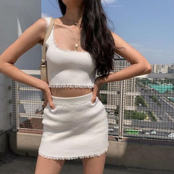 

2020 womens 2 piece set station street snap sleeveless lace vest skirt sets summer women beach tracksuit clothing, Gray