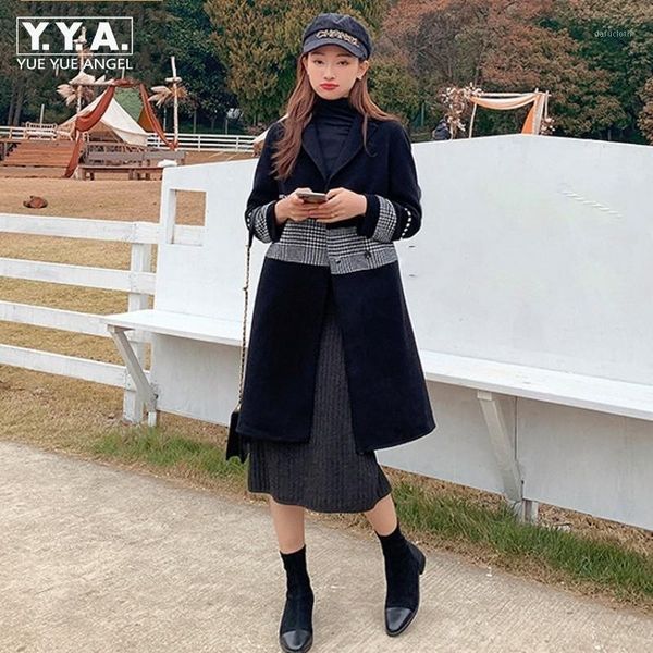 

womens long winter trench outerwear prairie chic spliced skirt turn-down collar covered button fashion female woolen coat1, Black