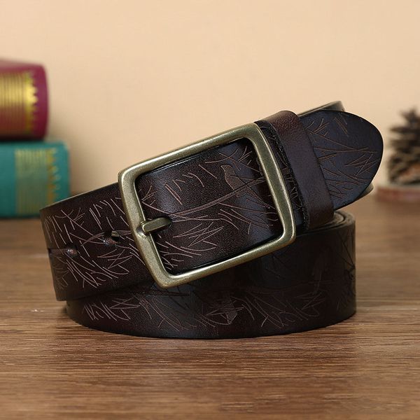 

hand-carved pattern belt male leather pin buckle layer cowhide fashion casual pure copper buckle belt, Black;brown