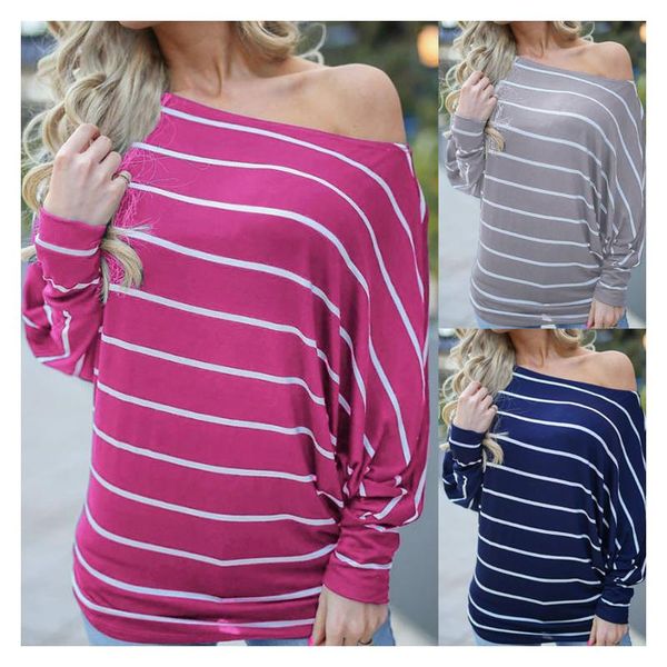 

womens casual one shoulder long sleeve striped pattern plain pullover loose ladies t-shirt autumn, White