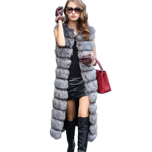 

2019 autumn winter high-quality fluffy imitation fur vest women long vest casual fur coat lengthened plus size 6xl women's1, Black
