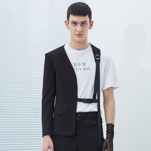 

s-5xl 2017 men's clothing fashion star gd hair stylist one sided personality design no collar suit plus size singer costumes11, White;black