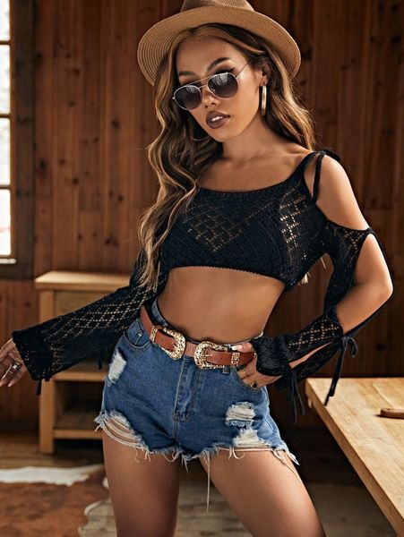 

tie shoulder cold shoulder crochet cover up o93l#, White;black