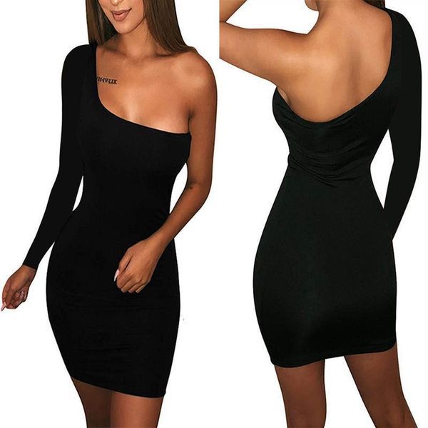 

autumn long sleeve one shoulder straps slash neck high waist women solid club mini dress, Black;gray