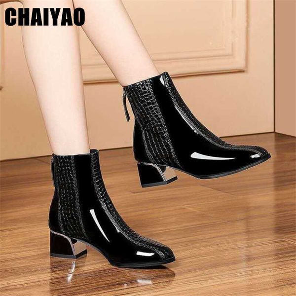 

patent leather women boots 2021 autumn winter new square toe plush warm women shoes zipper thick heel ankle boots, Black