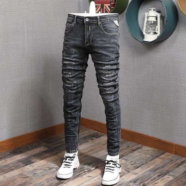 

2021 new italian style fashion men jeans retro black gray elastic slim fit ripped denim pants embroidery vintage designer long trousers sq83, Blue