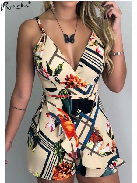 

reaqka 2020 summer jumpsuit women's flower printing sleeveless sling wide leg one-piece shorts women's beach suit1, Black;white