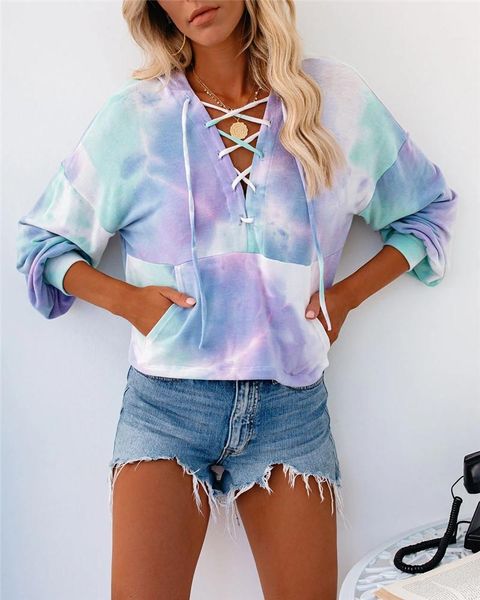 

oversize autumn women tie dye hooded sweatshirts long sleeve casual drawstring pullover lace up streetwear hoodies sweatshirt, Black