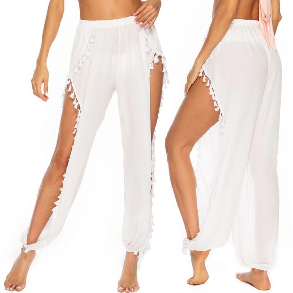 

huan beauty new pants women beach chiffon pants split loose wide leg sea holiday tassel bundle trousers hbp302, Black;white