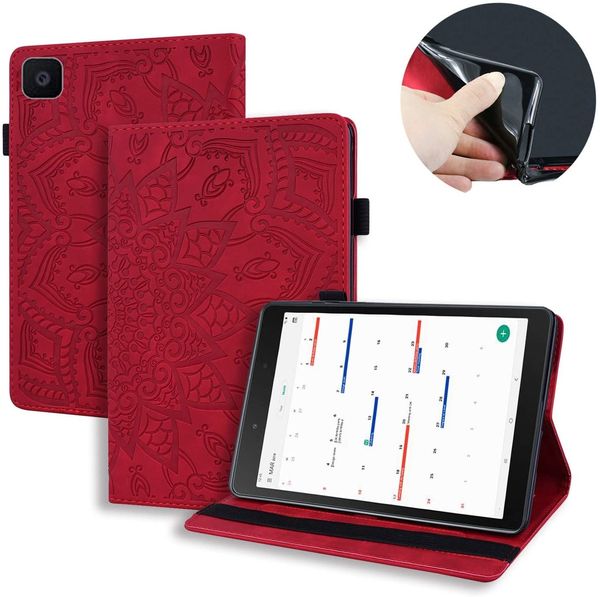 Custodia per Samsung Galaxy Tab A 8.0 senza modello S Pen (SM-T290 Wi-Fi, SM-T295 LTE), fessure per schede in pelle PU con fiore in rilievo Flip Stand Custodia sottile per Tab A 8.0 pollici, rosso