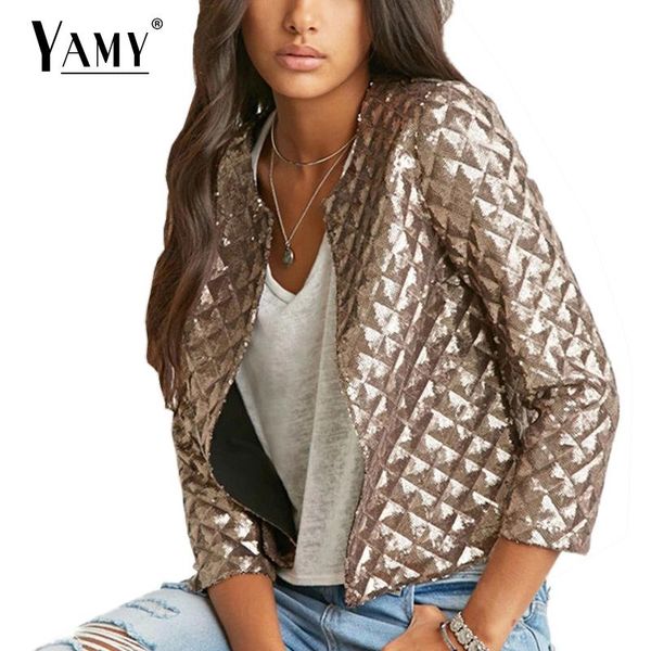 

2021 vogue lozenge women gold sequins bomber jackets spring new wild slim three quarter outwear casual golden coats high quality, Black;brown