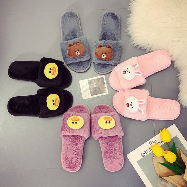 

fashion indoor rabbit bear home slipper women shoes slip-on open toe flat warm winter slipper shoes for woman femme pantoufles y1125, Black