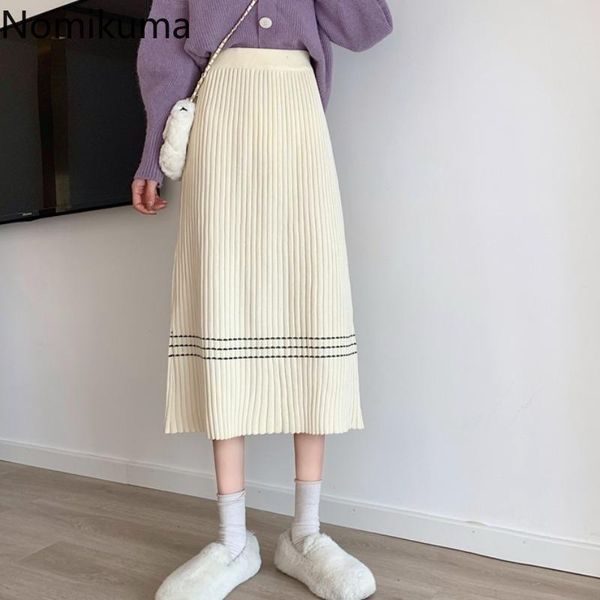 

skirts nomikumsa women sweater skirt 2021 autumn winter korean causal bottoms high waist a-line knitted mujer faldas 6d196, Black