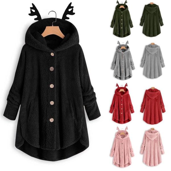 

christmas solid color plush antlers button pocket women coats medium long hooded sweatshirt coat winter warm casual for home, Black