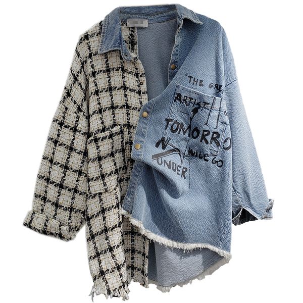 

[ewq] autumn letter print women plaid stitching jeans plus size coats hit color oversized european blue overcoat female clothing 201026, Black;brown
