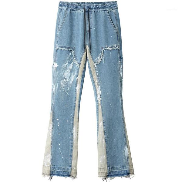 

hip hop joggers biker jeans men jean ink print casual pants denim patchwork harem jogger 2020 elastic waist fashion streetwear1, Blue