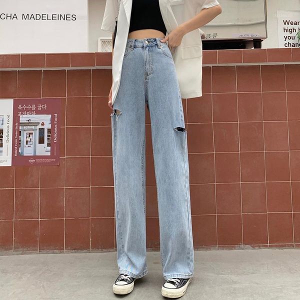 

casual ripped jeans woman high adjustable waist loose wide leg jeans for women plus size loose mom ladies denim jean femme1, Blue