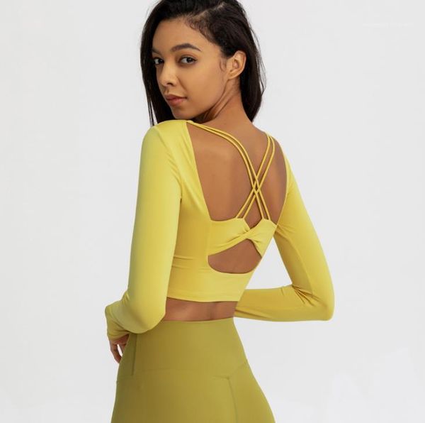 

hollow out sports long sleeve yoga breathable female clothing running tight t shirt backless sexy, White