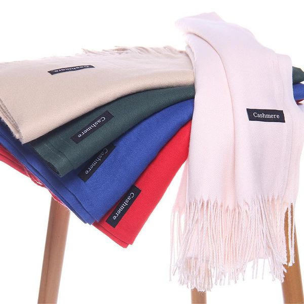 

solid color faux cashmere scarf small black logo autumn & winter monochrome tassels silk scarves women cashmere women's shawl ca, Blue;gray