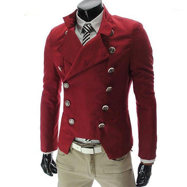 

red black white hombre blazer men double breasted slim fit vintage mens blazers jacket youth long sleeve stand collar brand coat1, White;black