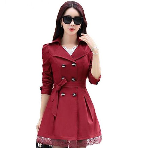 

fashion female spring slim trench coat / women's lace lap style solid colour double breasted long coat / size s-xxxl, Tan;black