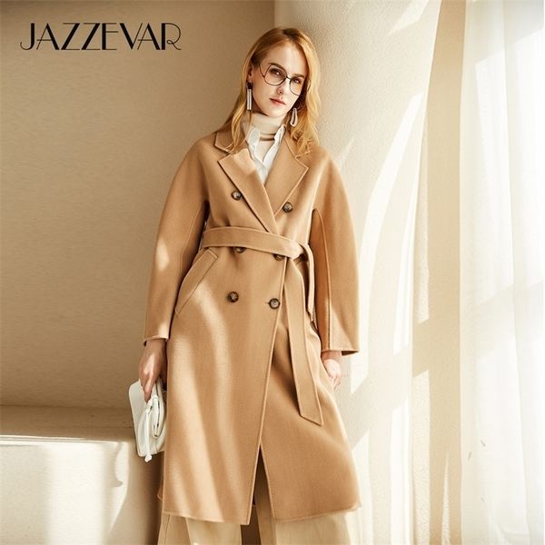 

jazzevar atumn winter new arrival women hand-sewn double breasted coat double-faced wool outerwear for lady 201120, Black
