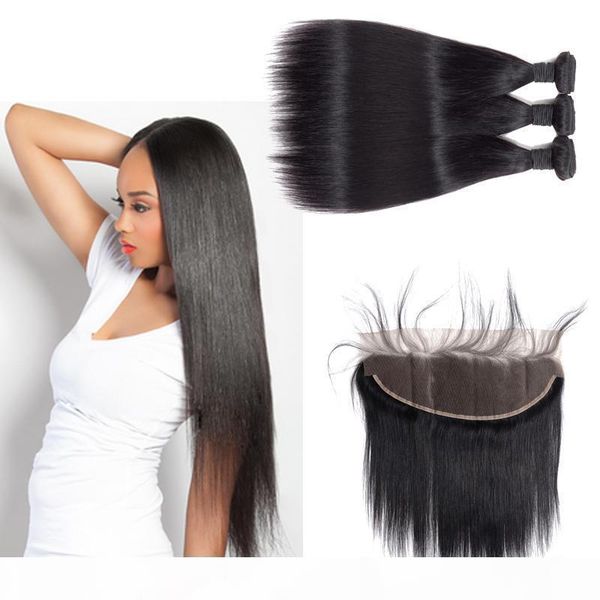 

malaysian straight hair bundles with lace frontal 13*4 human hair malaysian human hair bundles with frontal closure, Black;brown