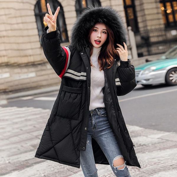 

2019 fashion stripe design women winter jacket cotton padded warm thicken big fur collar ladies long coats parka womens jackets1, Black
