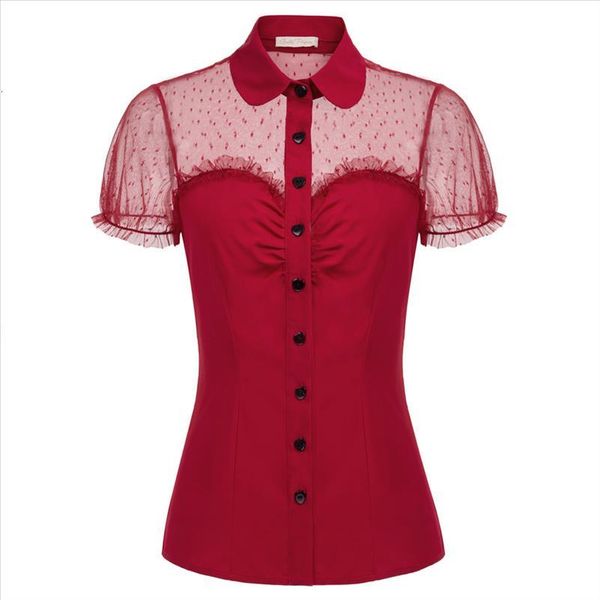 

1x black womens short sleeve lapel collar red buttons mesh fabric patchwork drop shipping good quality, White