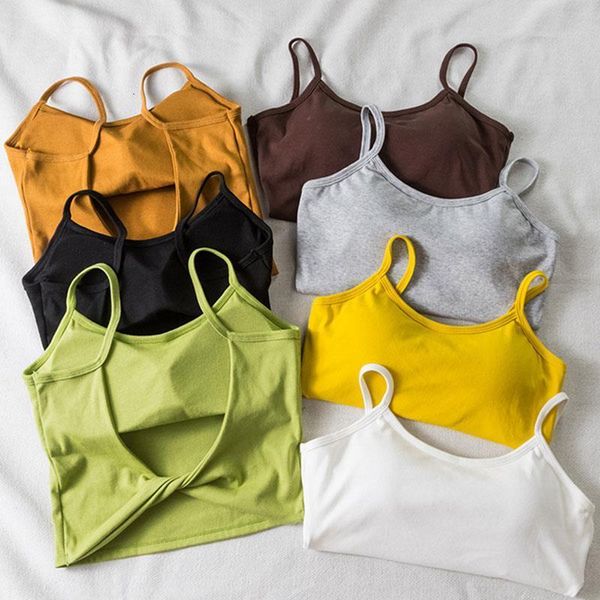 

women girls summer pure color padded soft tank short slim fit sling vest beachwear backless twist knotted crop top, White