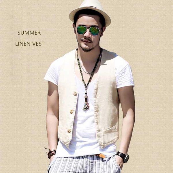 

new arrival linen vest for summer man's vest 3 button thin casual waistcoat men slimming suit male clothing1, Black;white