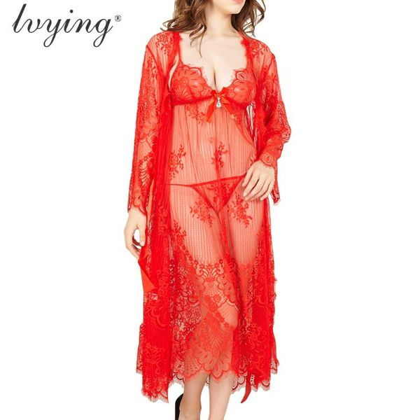 

women's sleepwear lace women pajama sets silk robe set embroidered night dress nightgown suits lingerie bathrobe pajamas nightdress, Black;red