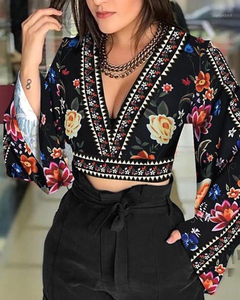 

women's blouses & shirts v-neck open back bell sleeve floral printed casual blouse women long short streetwear1, White