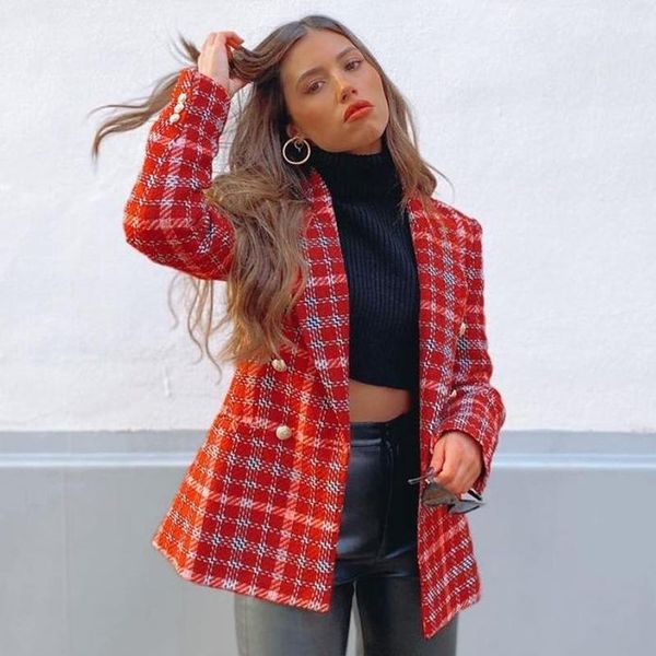 

women's wool & blends ardm coat women 2021 fashion double breasted check tweed blazers vintage long sleeve with buttons female outerwea, Black