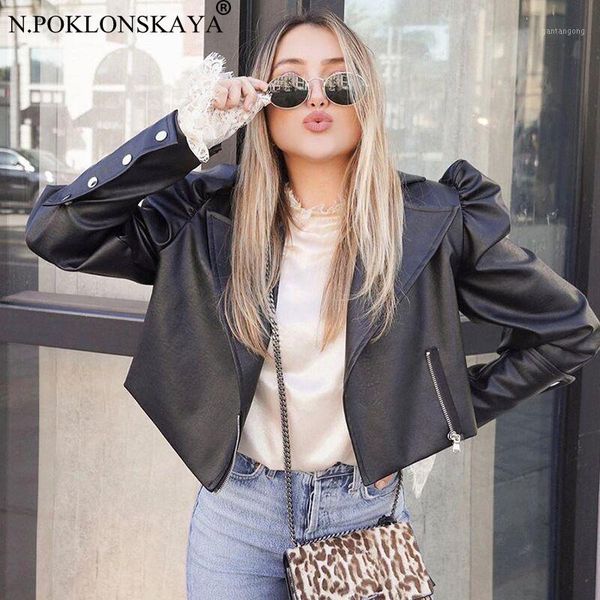 

women's short pu leather jacket female autumn coat zipper up vintage puff sleeve loose casual black y2k steetwear outwear 1