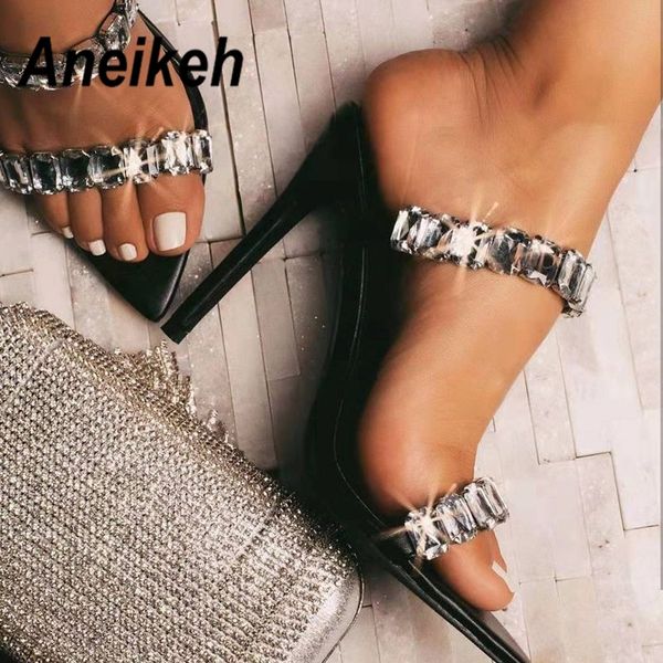 

aneikeh pvc fashion shoes woman sandals beads rhinestone sequins pointed end peep toe party thin high heels sandals ladies y200405, Black