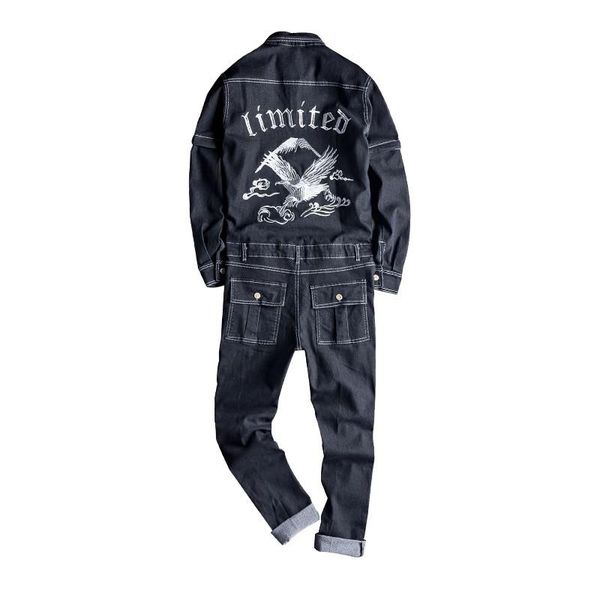 

mcikkny spring autumn men's cargo denim bib overalls eagle embroidery jeans jumpsuits for male suspender pants, Blue