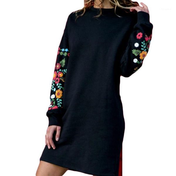 

spring autumn 2020 women dress fashion print long sleeve hoodie dress floral print o-neck loose warm mini ropa mujer1, Black;gray