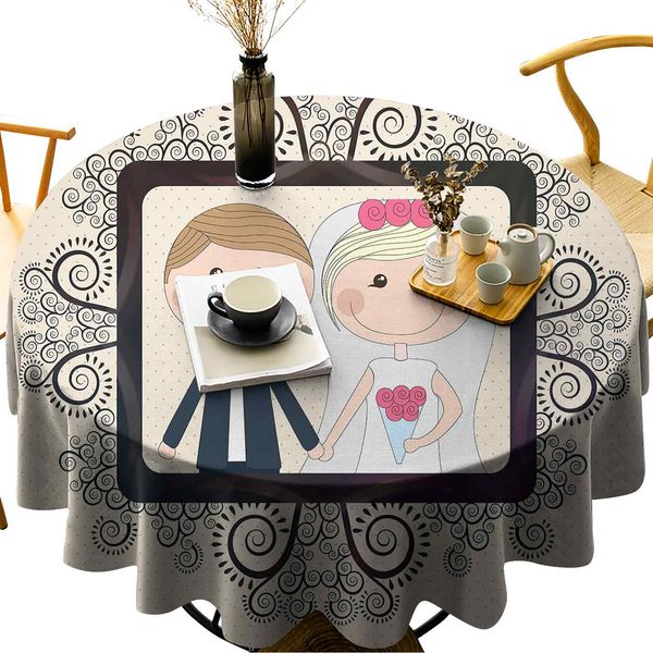 

washable round table cover wedding pgraphy illustration with happy bride and groom swirled lines backdrop