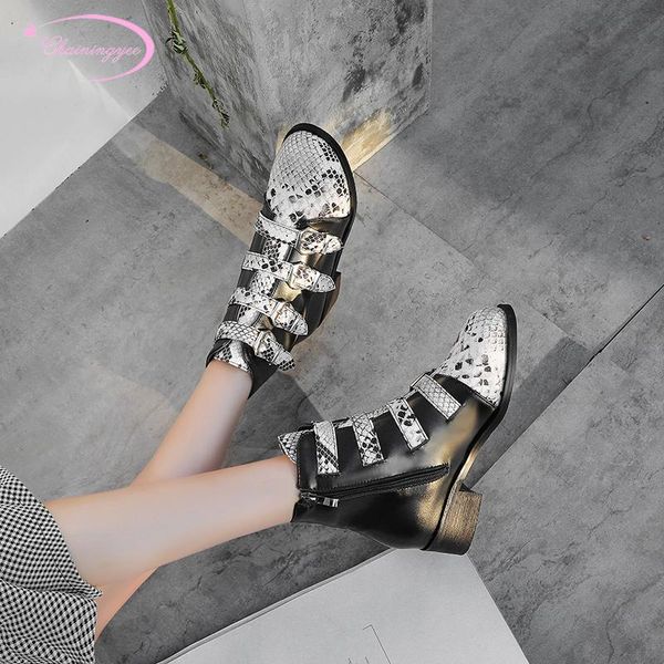 

college style motorcycle boots comfortable round toe ankle boots fashion serpentine buckle strap medium with chunky women shoes, Black