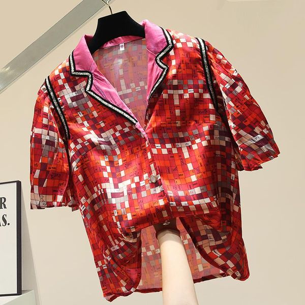 

personality thin plaid short sleeve chiffon blouses 2020 new design all-match single breasted women bottoming shirts, White