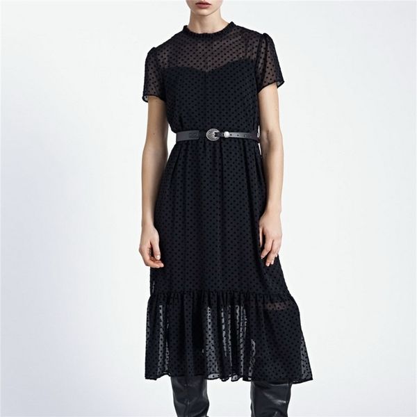 Женщины длинное платье весна 2020 новая мода, стекающая в горошек с коротким рукавом прозрачный материал Современная леди черные платья LJ200820