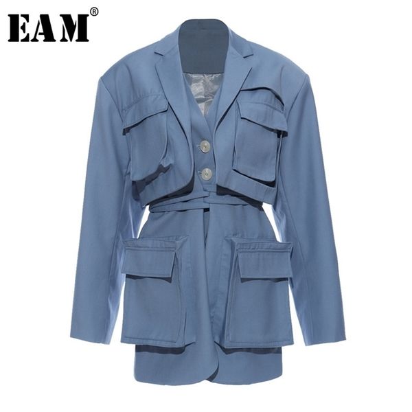

[eam] women blue pocket split joint big size blazer new lapel long sleeve loose fit jacket fashion spring autumn 2020 lj201214, White;black