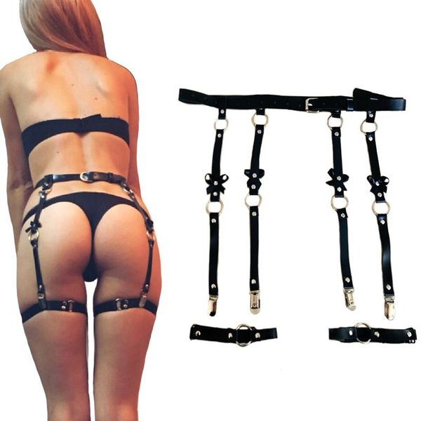 

women pu leather waist garter belts for stockings bow handmade punk costume metal o-round waist belt 4 suspenders, Black;brown