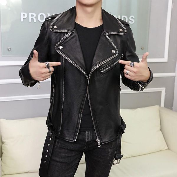 

men's leather & faux luxury genuine jacket korean slim fit sheepskin for mens biker pocket zipper outerwear male m-2xl, Black