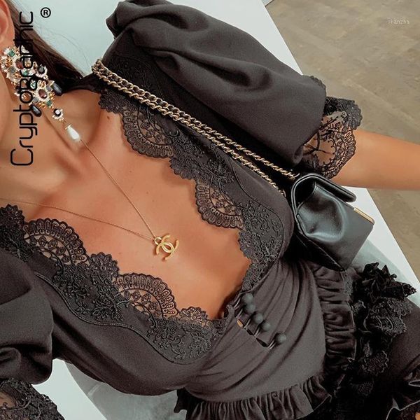 

cryptographic button lace shirt dress 2020 spring bubble short sleeve plunge v neckline female mini dresses party clubwear1, Black;gray