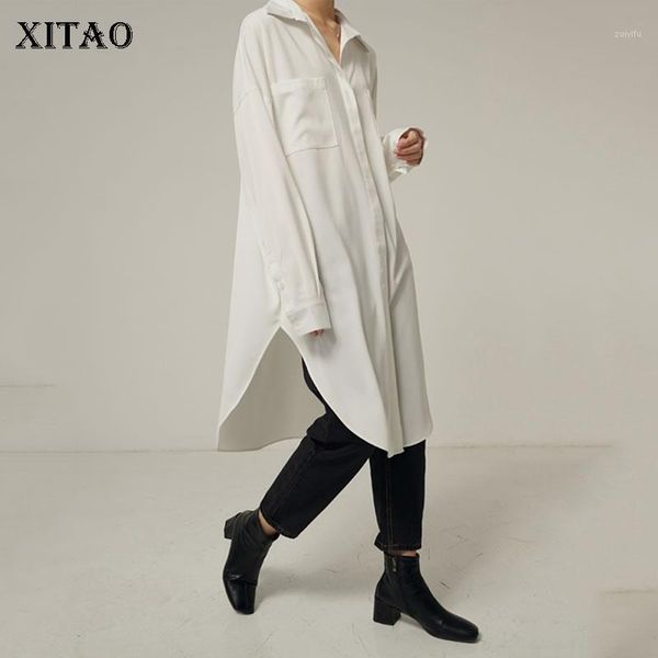 

xitao white mid-length shirt irregular long sleeve simple wild elegant women blouses fashion plus size loose women xj38771